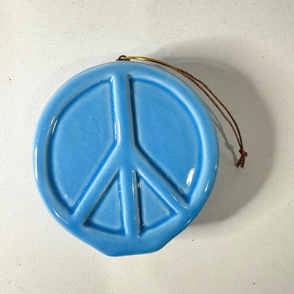 Blue Ceramic Peace Sign Ornament Glossy Glazed Retro Boho Holiday Medallion